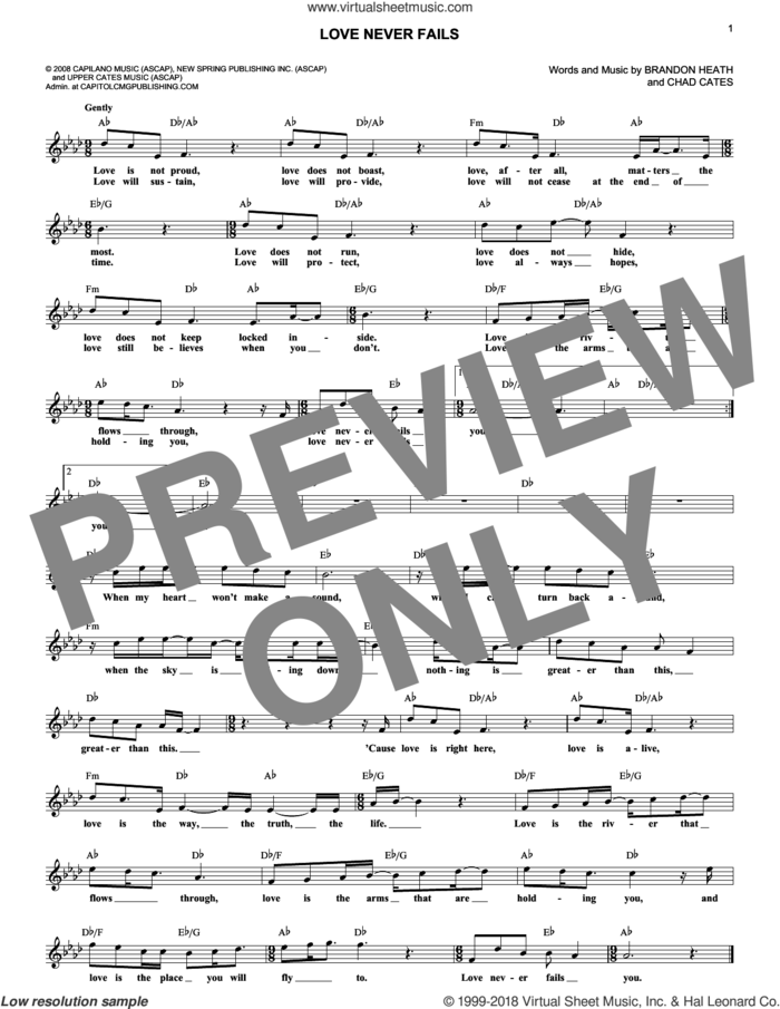 Love Never Fails sheet music for voice and other instruments (fake book) by Brandon Heath and Chad Cates, wedding score, intermediate skill level