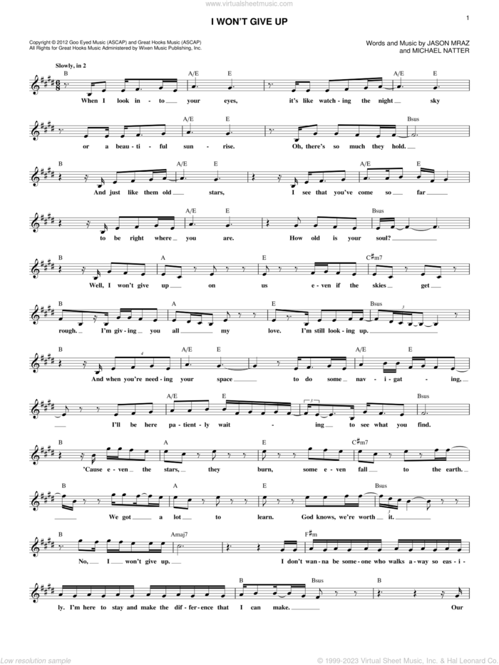 I Won't Give Up sheet music for voice and other instruments (fake book) by Jason Mraz and Michael Natter, wedding score, intermediate skill level