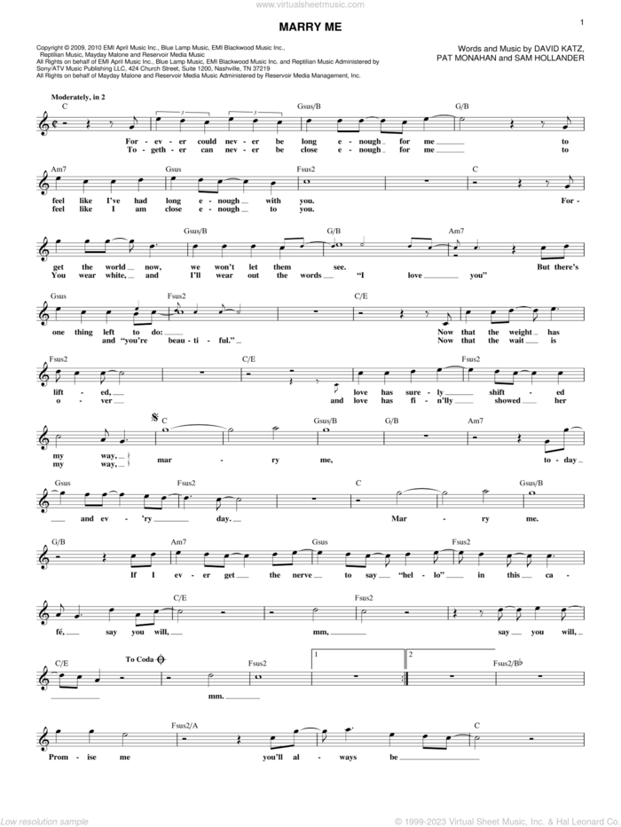 Marry Me sheet music for voice and other instruments (fake book) by Train, David Katz, Pat Monahan and Sam Hollander, wedding score, intermediate skill level
