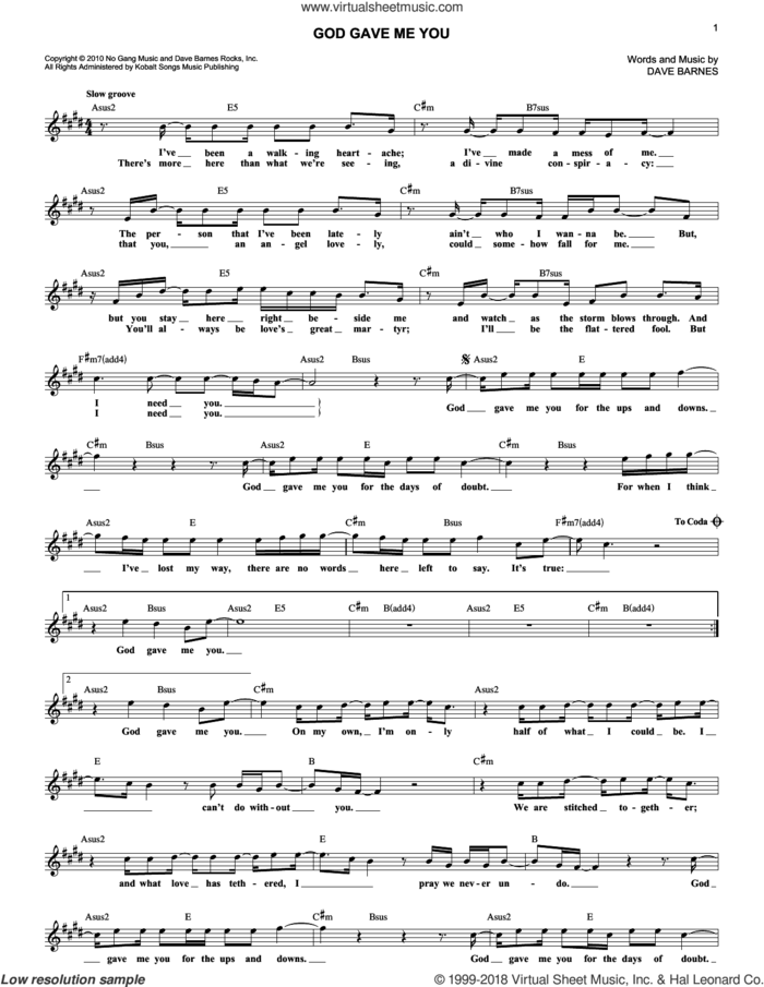God Gave Me You sheet music for voice and other instruments (fake book) by Blake Shelton and Dave Barnes, wedding score, intermediate skill level
