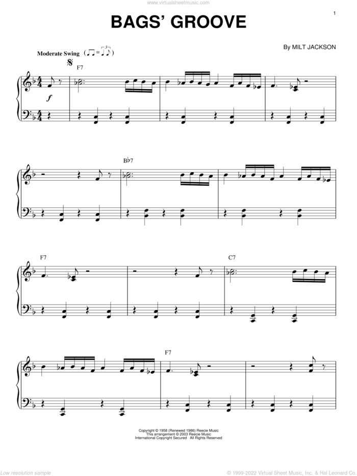 Bags' Groove [Jazz version] sheet music for piano solo by Milt Jackson, Brent Edstrom and Modern Jazz Quartet, intermediate skill level