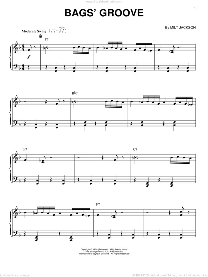 Bags' Groove [Jazz version] sheet music for piano solo by Milt Jackson, Brent Edstrom and Modern Jazz Quartet, intermediate skill level