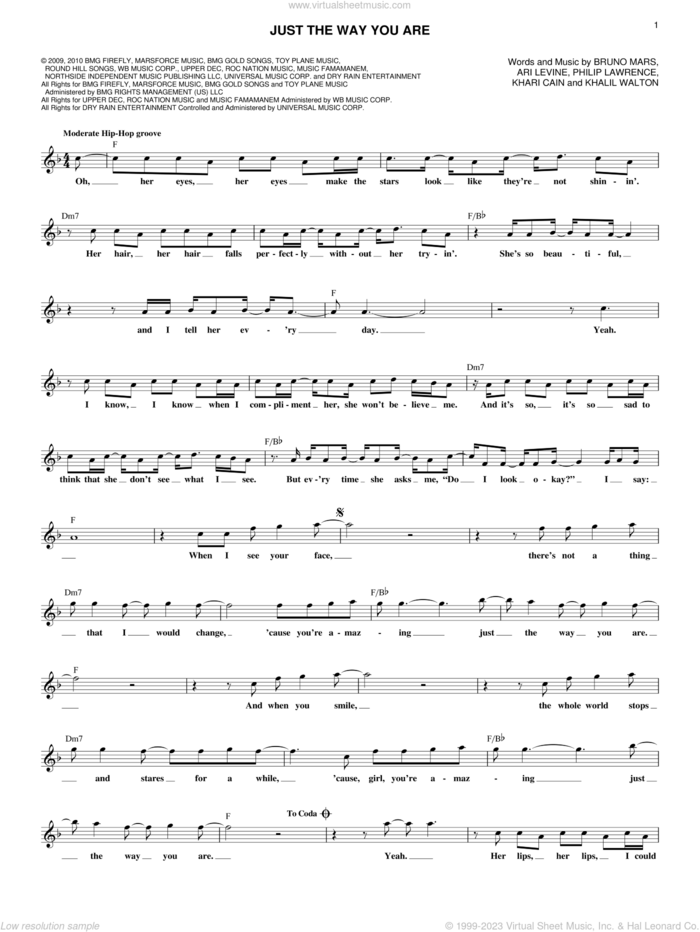 Just The Way You Are sheet music for voice and other instruments (fake book) by Bruno Mars, Ari Levine, Khalil Walton, Khari Cain and Philip Lawrence, wedding score, intermediate skill level