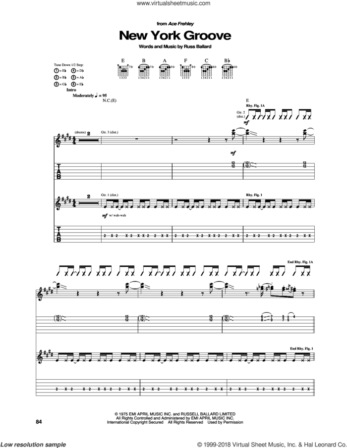 New York Groove sheet music for guitar (tablature) by KISS and Russ Ballard, intermediate skill level