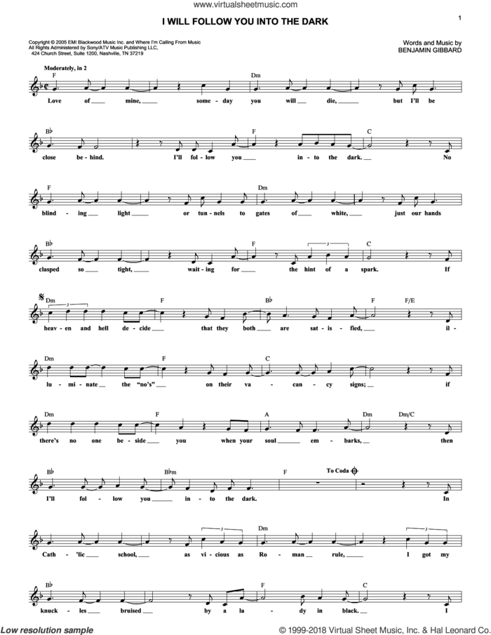 I Will Follow You Into The Dark sheet music for voice and other instruments (fake book) by Death Cab For Cutie and Benjamin Gibbard, wedding score, intermediate skill level