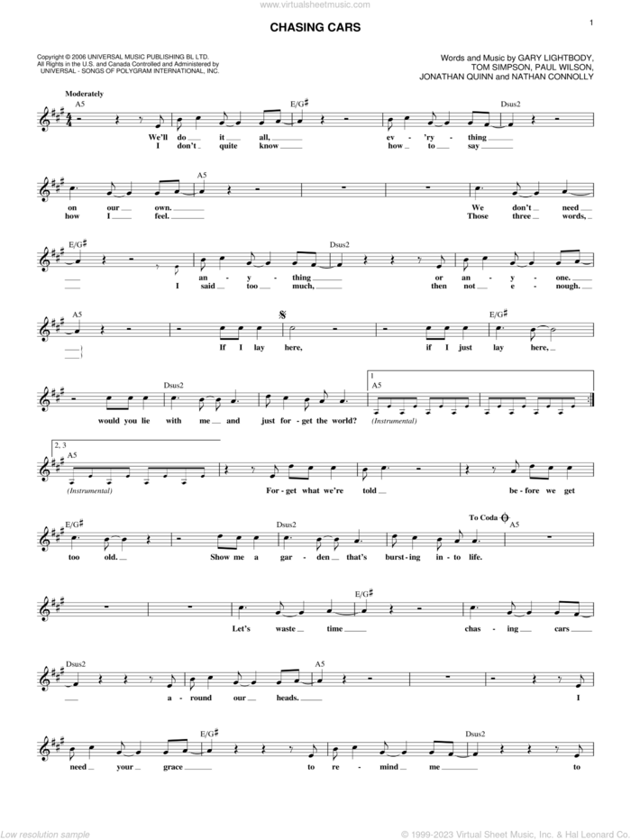 Chasing Cars sheet music for voice and other instruments (fake book) by Snow Patrol, Gary Lightbody, Jonathan Quinn, Nathan Connolly, Paul Wilson and Tom Simpson, wedding score, intermediate skill level