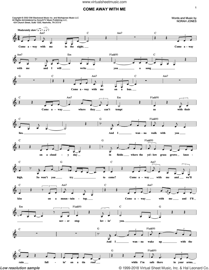 Come Away With Me sheet music for voice and other instruments (fake book) by Norah Jones, wedding score, intermediate skill level