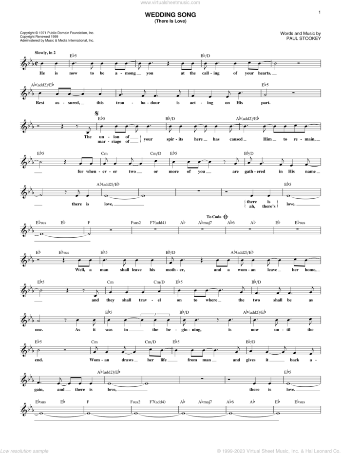 Wedding Song (There Is Love) sheet music for voice and other instruments (fake book) by Peter, Paul & Mary, Petula Clark and Paul Stookey, wedding score, intermediate skill level