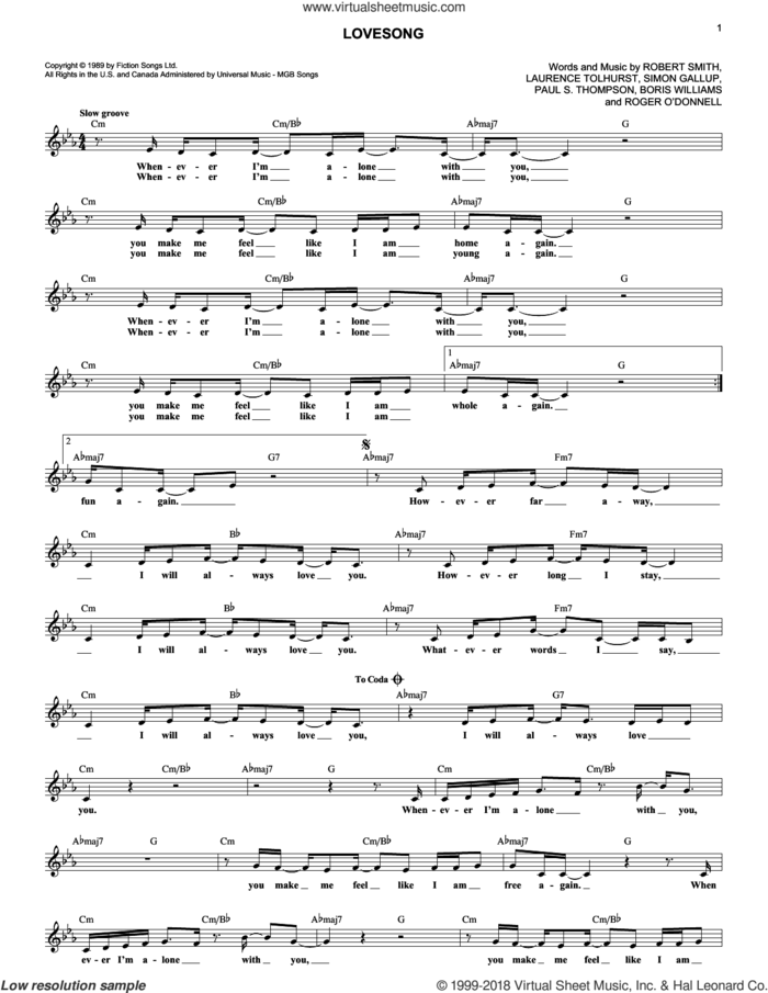 Lovesong sheet music for voice and other instruments (fake book) by The Cure, Boris Williams, Laurence Tolhurst, Paul S. Thompson, Robert Smith and Simon Gallup, wedding score, intermediate skill level