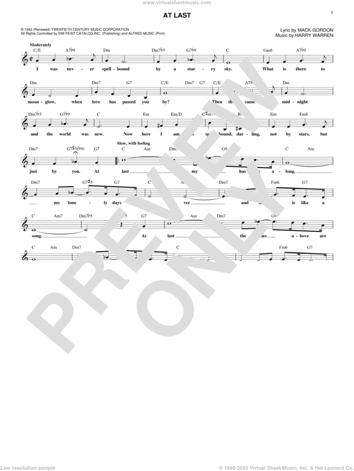 At Last sheet music for voice and other instruments (fake book) by Etta James, Celine Dion, Harry Warren and Mack Gordon, wedding score, intermediate skill level