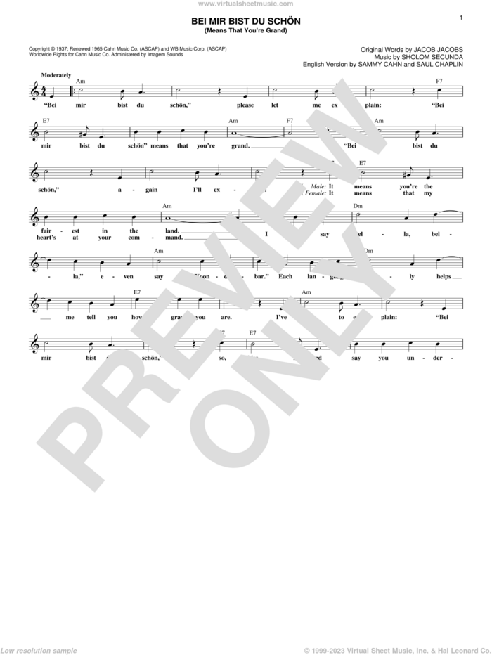Bei Mir Bist Du Schon (Means That You're Grand) sheet music for voice and other instruments (fake book) by Louis Prima & Keely Smith, Jacob Jacobs, Sammy Cahn, Saul Chaplin and Sholom Secunda, wedding score, intermediate skill level