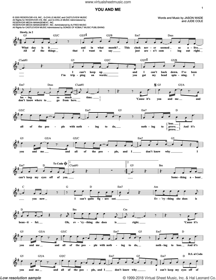 You And Me sheet music for voice and other instruments (fake book) by Lifehouse, Jason Wade and Jude Cole, wedding score, intermediate skill level