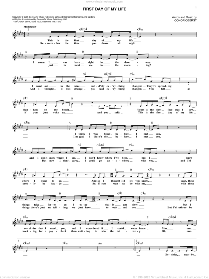 First Day Of My Life sheet music for voice and other instruments (fake book) by Bright Eyes and Conor Oberst, wedding score, intermediate skill level