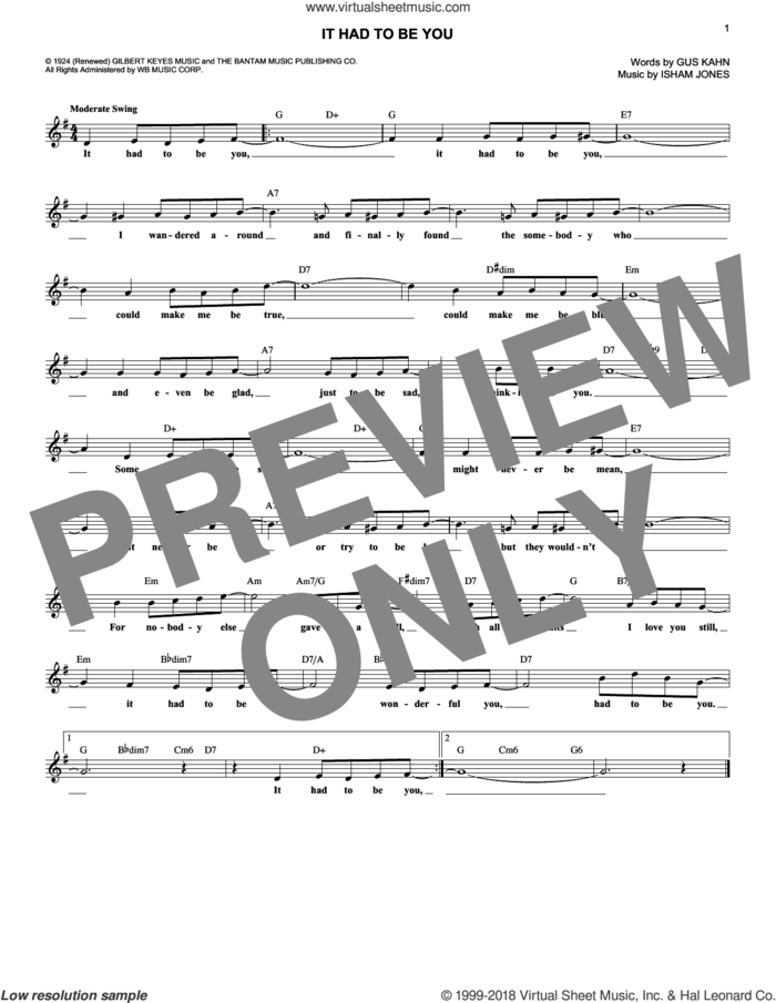 It Had To Be You sheet music for voice and other instruments (fake book) by Isham Jones and Gus Kahn, wedding score, intermediate skill level