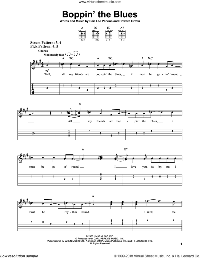 Boppin' The Blues sheet music for guitar solo (easy tablature) by Carl Perkins and Howard Griffin, easy guitar (easy tablature)