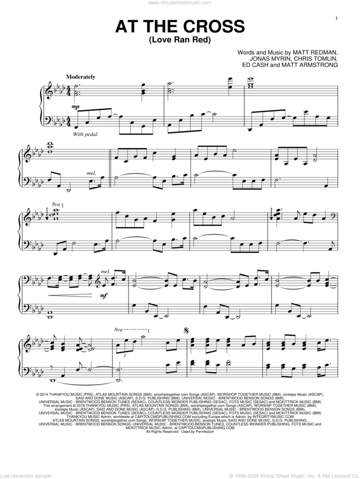 At The Cross (Love Ran Red), (intermediate) sheet music for piano solo by Chris Tomlin, Ed Cash, Jonas Myrin, Matt Armstrong and Matt Redman, intermediate skill level