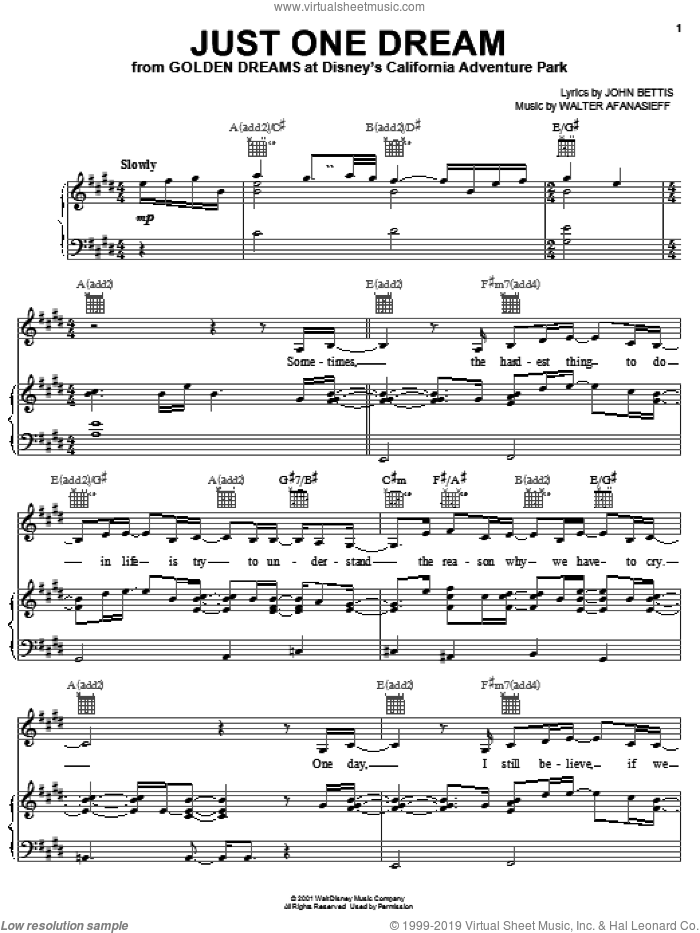 Just One Dream sheet music for voice, piano or guitar by Heather Headley, John Bettis and Walter Afanasieff, intermediate skill level