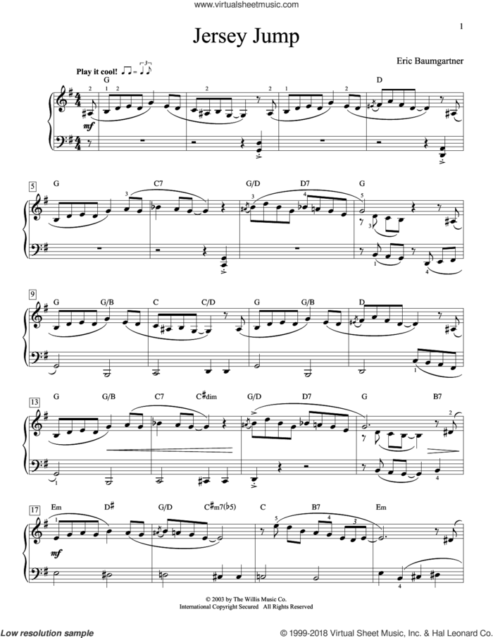 Jersey Jump sheet music for piano solo (elementary) by Eric Baumgartner, beginner piano (elementary)