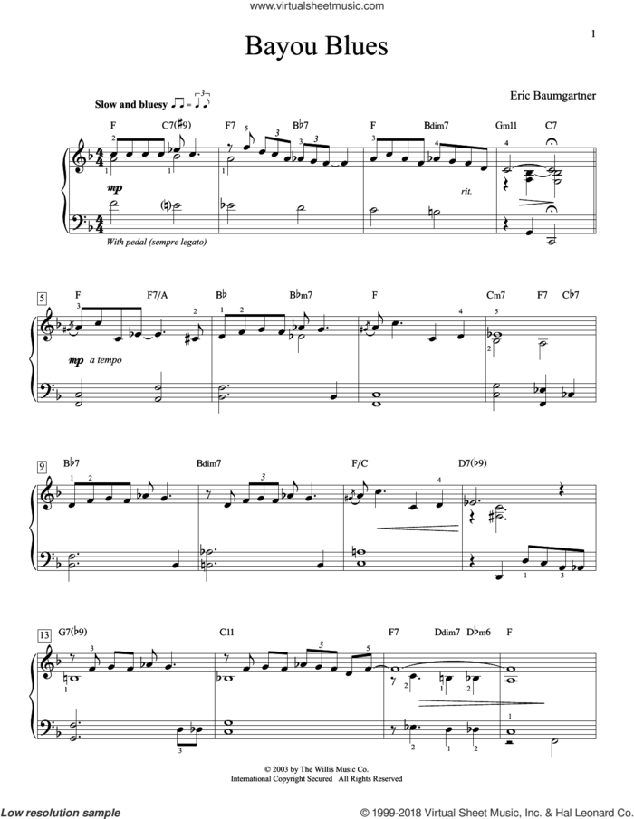 Bayou Blues sheet music for piano solo (elementary) by Eric Baumgartner, beginner piano (elementary)