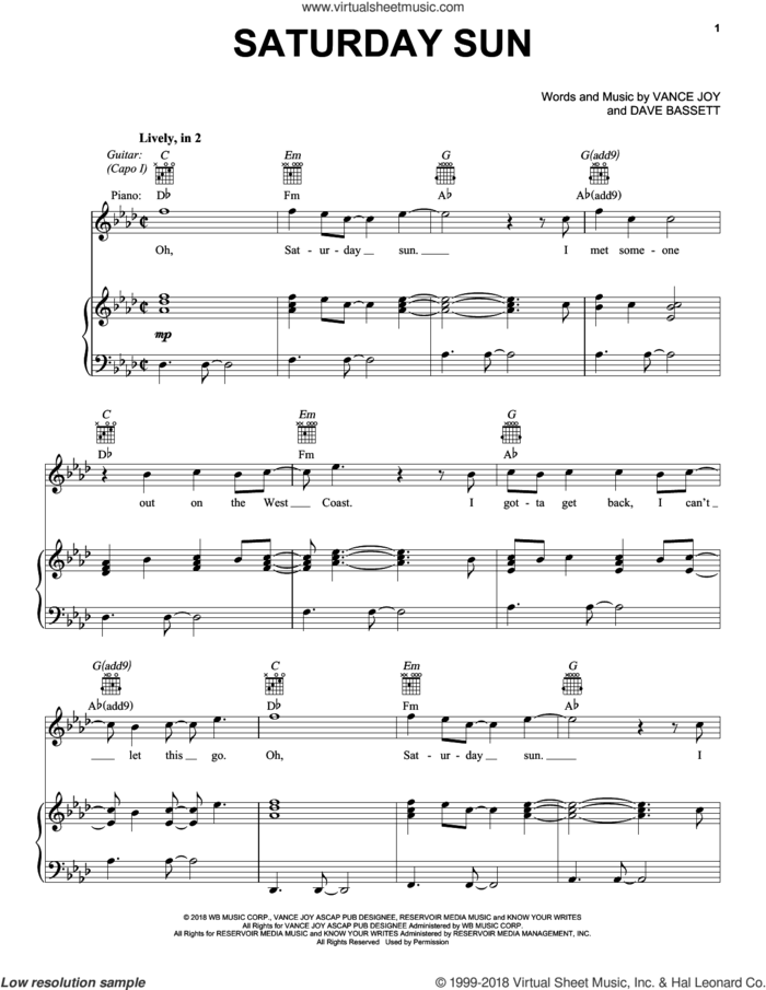 Saturday Sun sheet music for voice, piano or guitar by Vance Joy and Dave Bassett, intermediate skill level