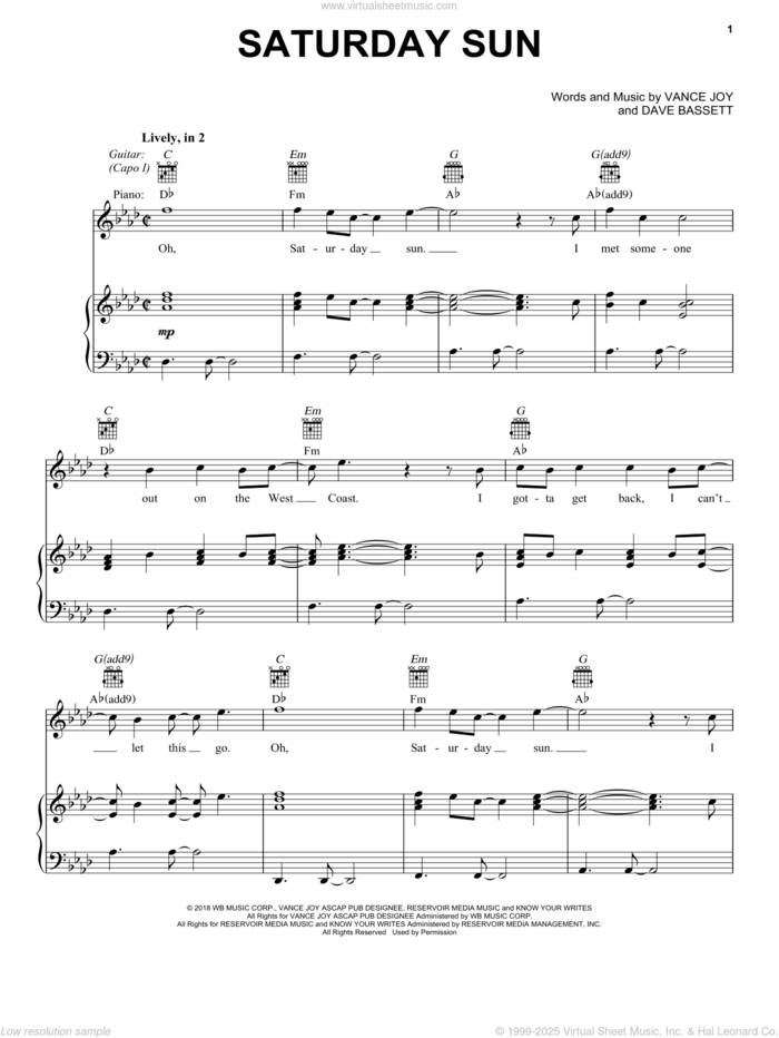 Saturday Sun sheet music for voice, piano or guitar by Vance Joy and Dave Bassett, intermediate skill level