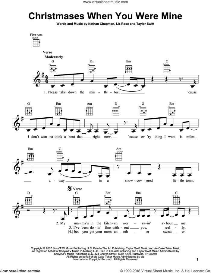 Christmases When You Were Mine sheet music for ukulele by Liz Rose, Nathan Chapman and Taylor Swift, intermediate skill level