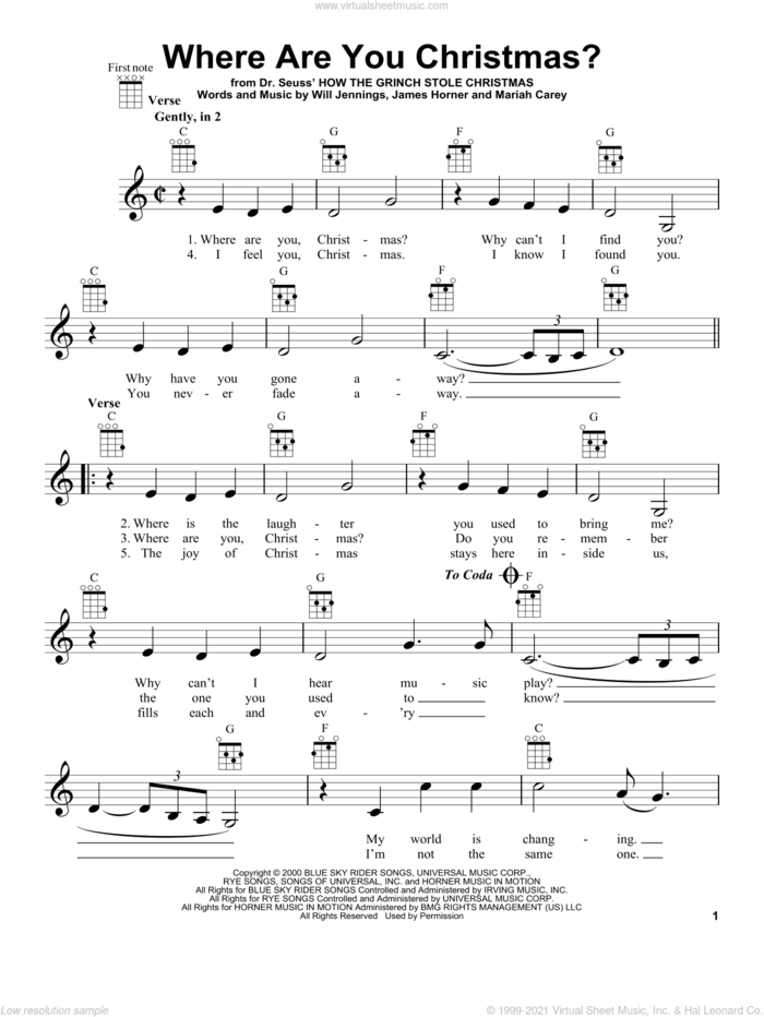 Where Are You Christmas? (from How The Grinch Stole Christmas) sheet music for ukulele by Faith Hill, James Horner, Mariah Carey and Will Jennings, intermediate skill level