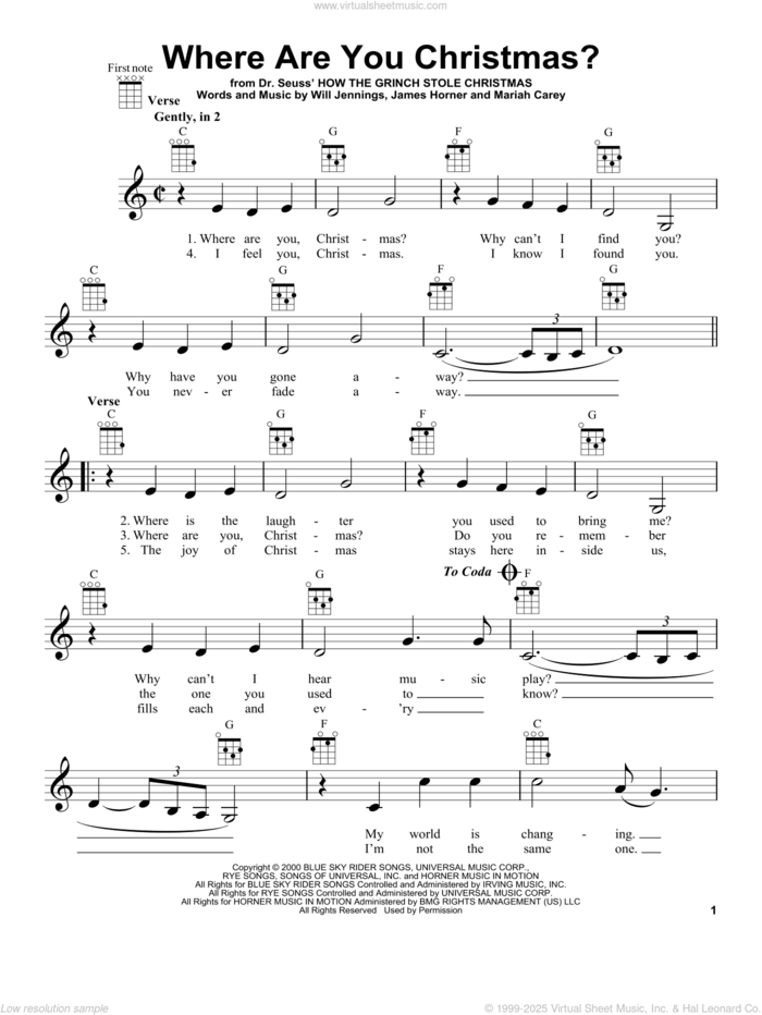 Where Are You Christmas? (from How The Grinch Stole Christmas) sheet music for ukulele by Faith Hill, James Horner, Mariah Carey and Will Jennings, intermediate skill level