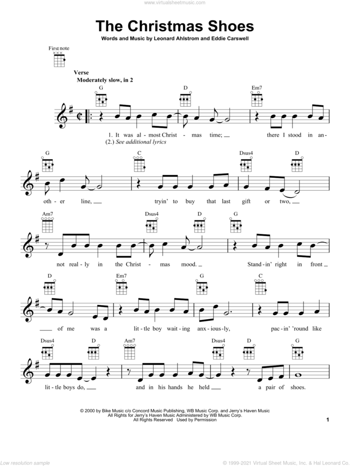 The Christmas Shoes sheet music for ukulele by Newsong, 3 Of Hearts, Eddie Carswell and Leonard Ahlstrom, intermediate skill level