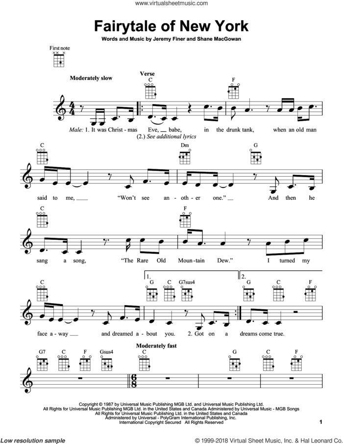 Fairytale Of New York sheet music for ukulele by The Pogues & Kirsty MacColl, Kirsty MacColl, The Pogues, The Pogues featuring Kirsty MacColl, Jeremy Finer and Shane MacGowan, intermediate skill level