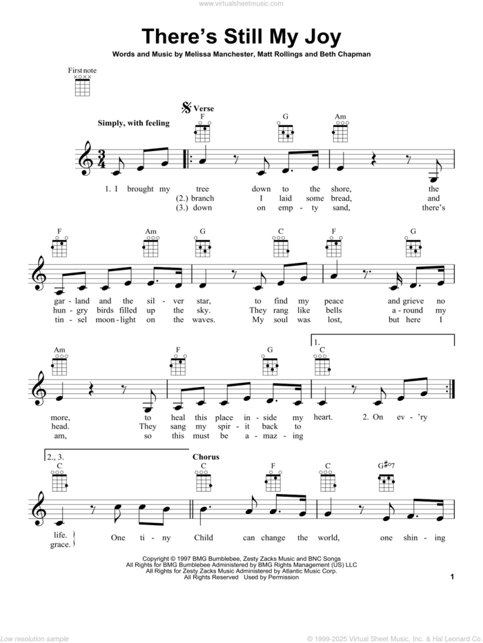 There's Still My Joy sheet music for ukulele by Indigo Girls, Beth Chapman, Matt Rollings and Melissa Manchester, intermediate skill level