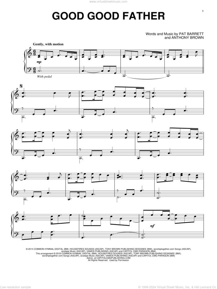 Good Good Father, (intermediate) sheet music for piano solo by Chris Tomlin, Anthony Brown and Pat Barrett, intermediate skill level