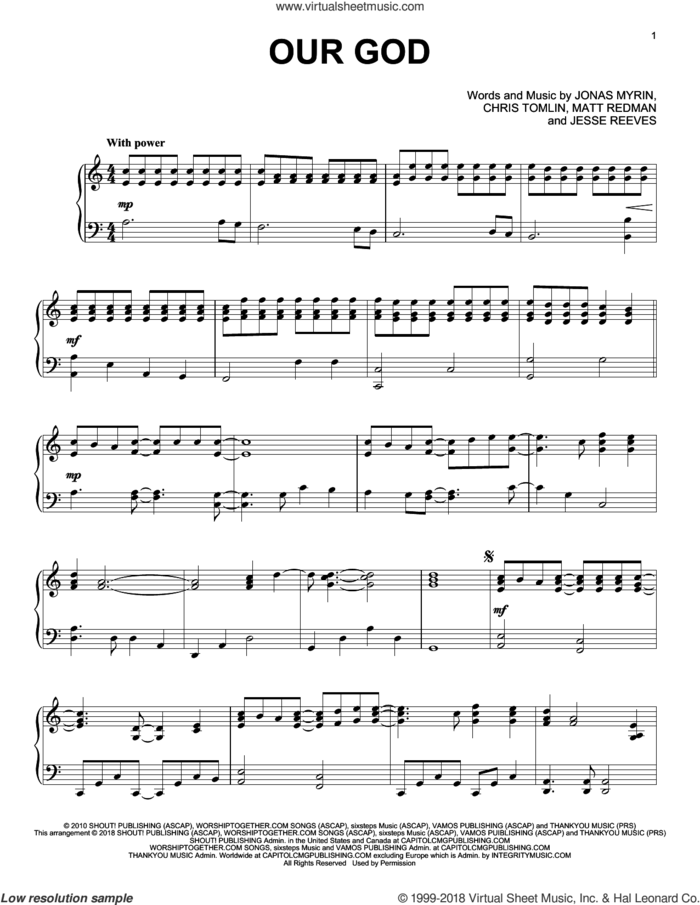 Our God, (intermediate) sheet music for piano solo by Chris Tomlin, Jesse Reeves, Jonas Myrin and Matt Redman, intermediate skill level