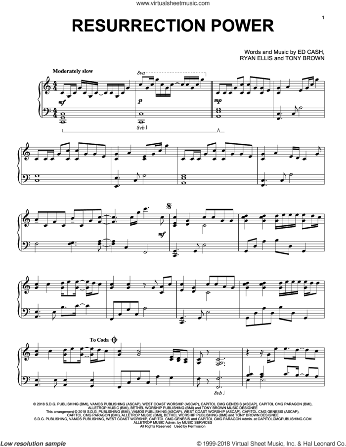 Resurrection Power sheet music for piano solo by Chris Tomlin, Ed Cash, Ryan Ellis and Tony Brown, intermediate skill level