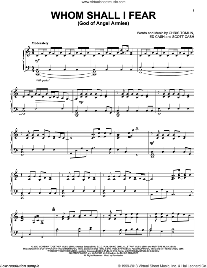 Whom Shall I Fear (God Of Angel Armies) sheet music for piano solo by Chris Tomlin, Ed Cash and Scott Cash, intermediate skill level