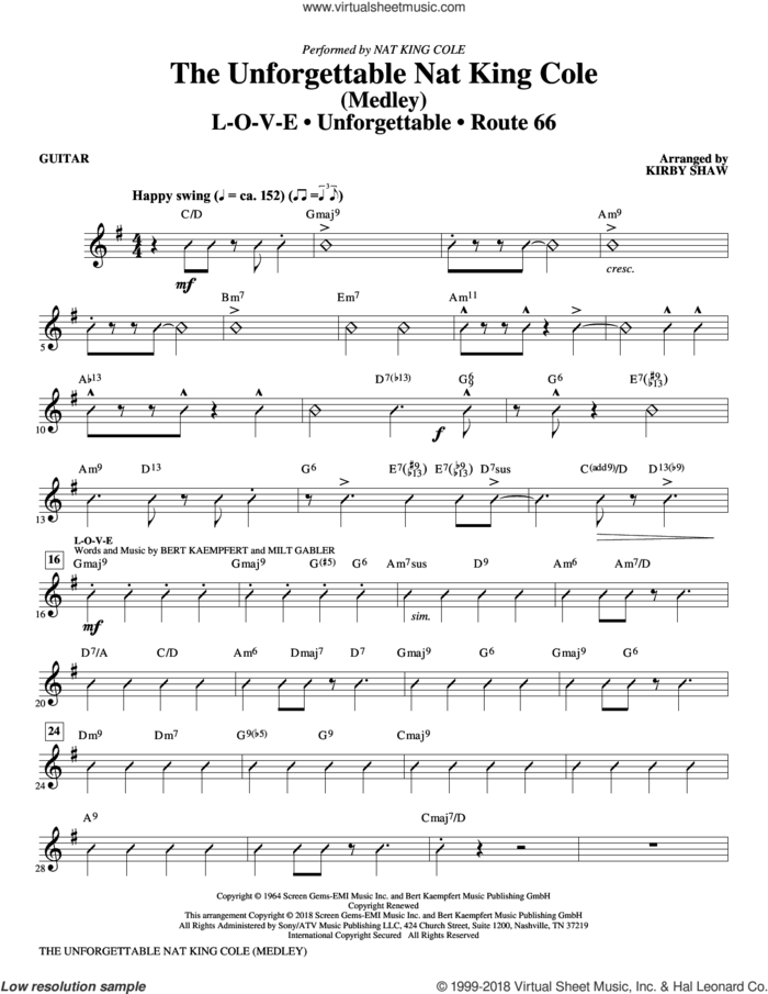 The Unforgettable Nat King Cole sheet music for orchestra/band (guitar) by Bert Kaempfert, Kirby Shaw, Nat King Cole, Natalie Cole and Milt Gabler, intermediate skill level