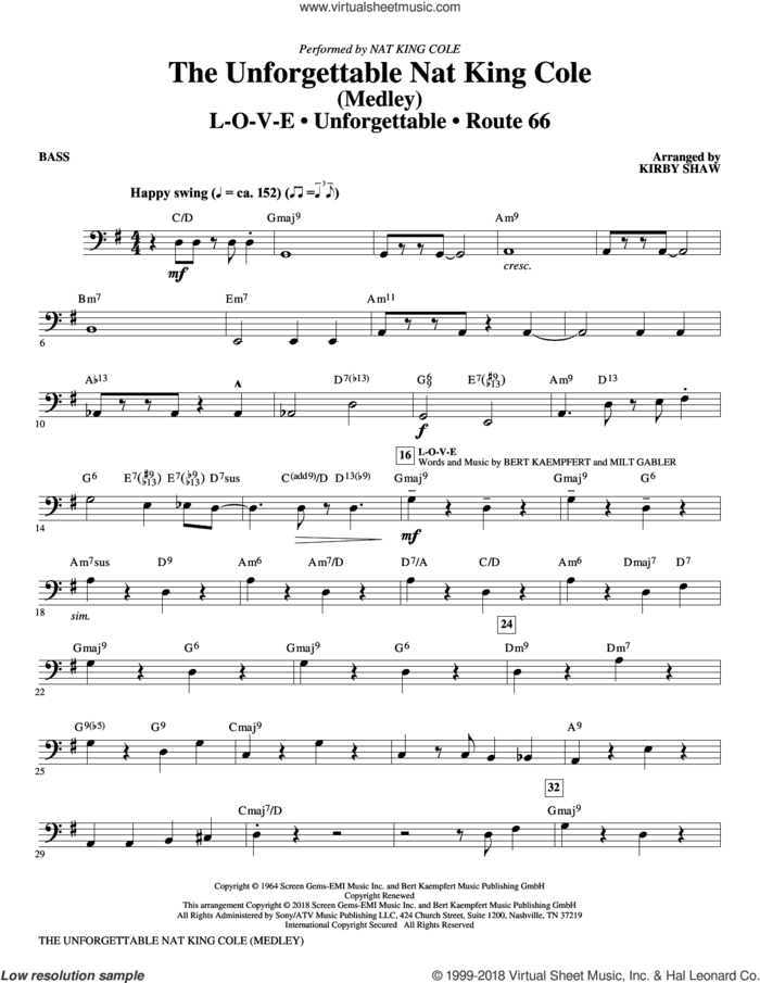 The Unforgettable Nat King Cole sheet music for orchestra/band (bass) by Bert Kaempfert, Kirby Shaw, Nat King Cole, Natalie Cole and Milt Gabler, intermediate skill level