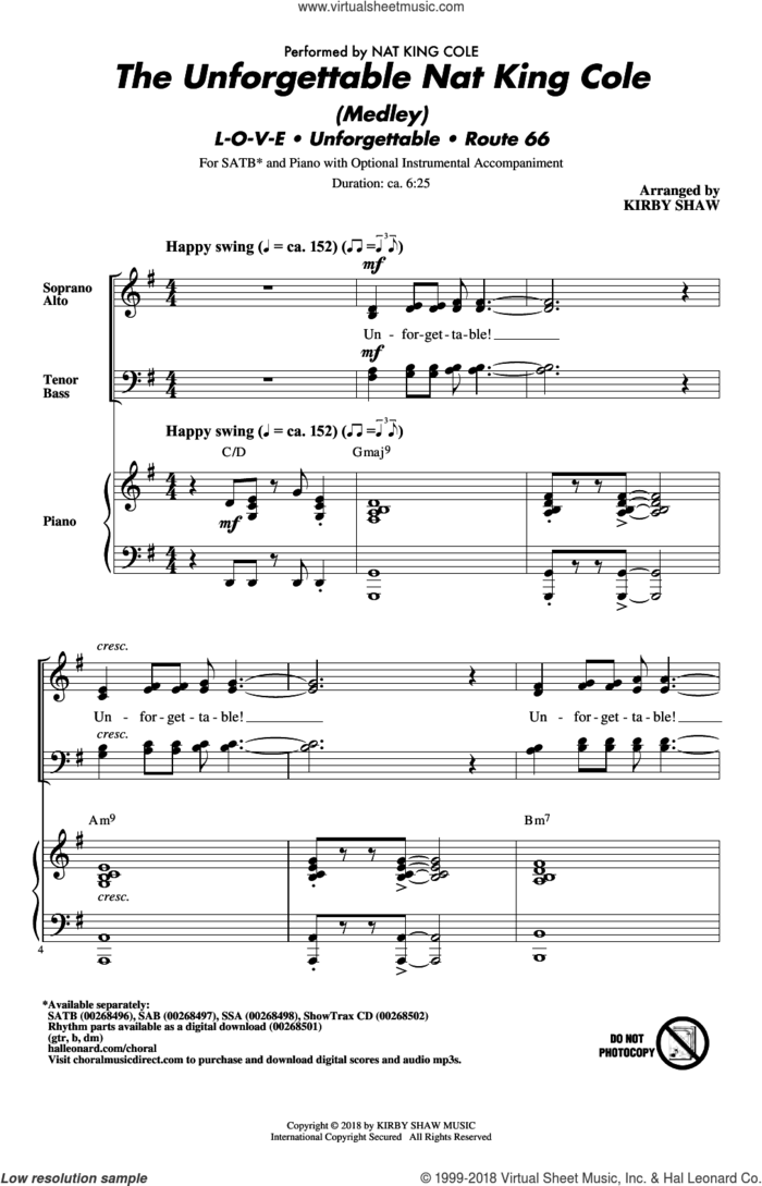 The Unforgettable Nat King Cole (Medley) sheet music for choir (SATB: soprano, alto, tenor, bass) by Bert Kaempfert, Kirby Shaw, Nat King Cole, Natalie Cole and Milt Gabler, intermediate skill level