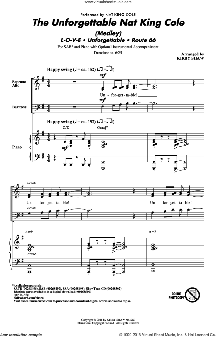 The Unforgettable Nat King Cole (Medley) sheet music for choir (SAB: soprano, alto, bass) by Bert Kaempfert, Kirby Shaw, Nat King Cole, Natalie Cole and Milt Gabler, intermediate skill level