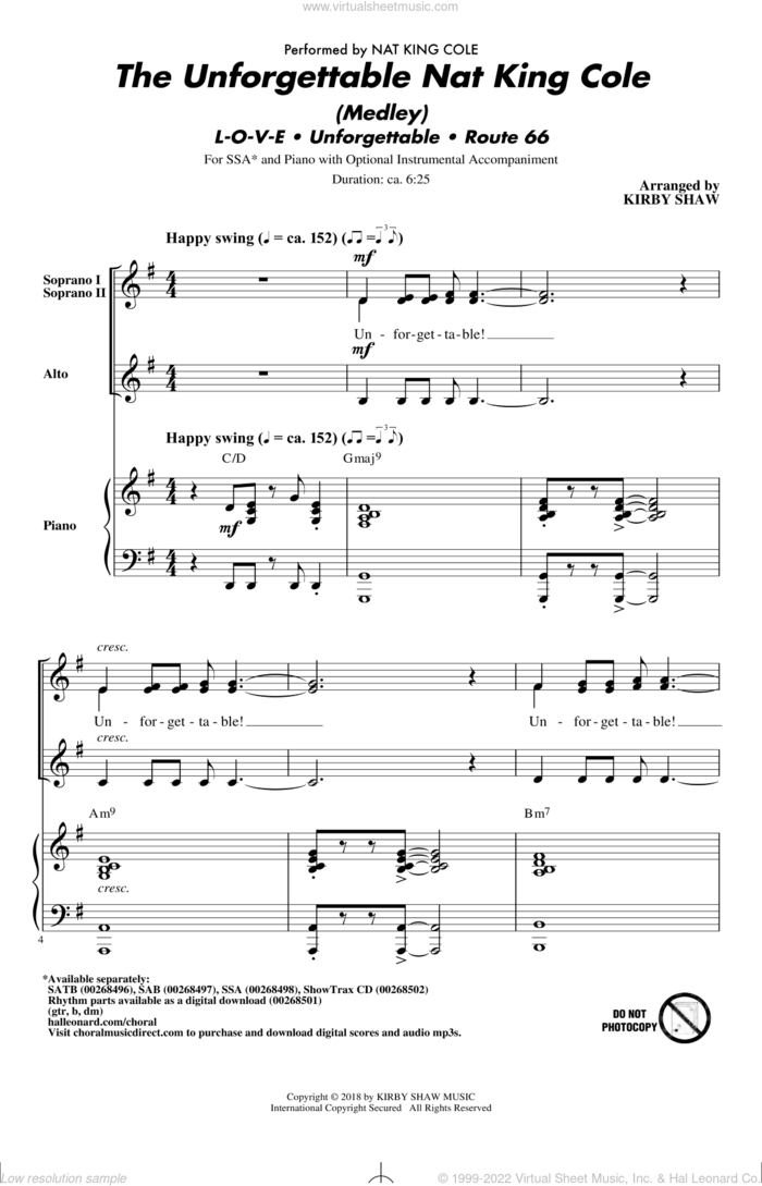 The Unforgettable Nat King Cole (Medley) sheet music for choir (SSA: soprano, alto) by Bert Kaempfert, Kirby Shaw, Nat King Cole, Natalie Cole and Milt Gabler, intermediate skill level