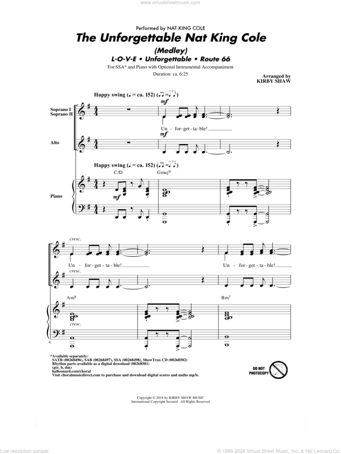 The Unforgettable Nat King Cole (Medley) sheet music for choir (SSA: soprano, alto) by Bert Kaempfert, Kirby Shaw, Nat King Cole, Natalie Cole and Milt Gabler, intermediate skill level