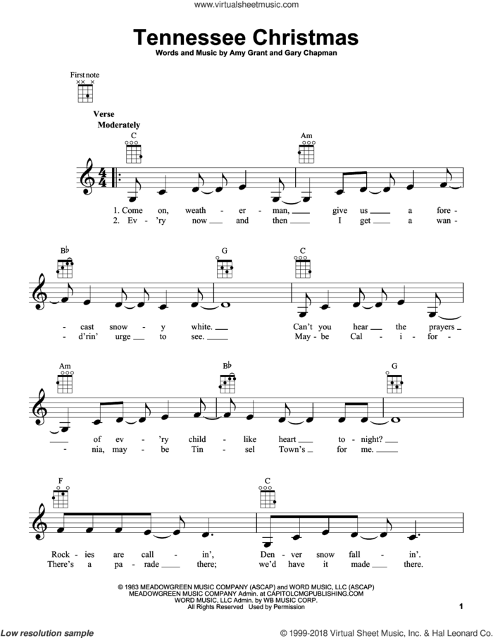Tennessee Christmas sheet music for ukulele by Amy Grant and Gary Chapman, intermediate skill level