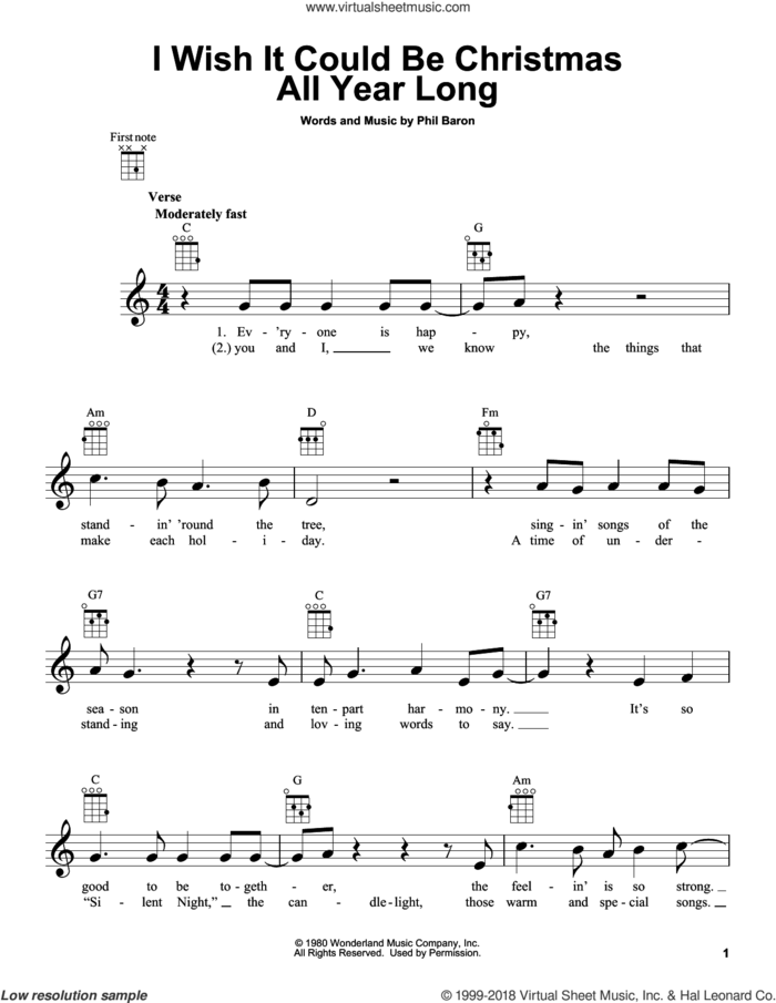 I Wish It Could Be Christmas All Year Long sheet music for ukulele by Phil Baron, intermediate skill level