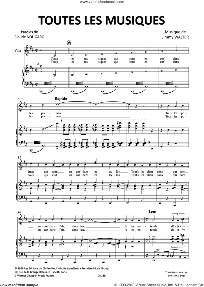 Toutes Les Musiques sheet music for voice and piano by Claude Nougaro and Jimmy Walter, intermediate skill level