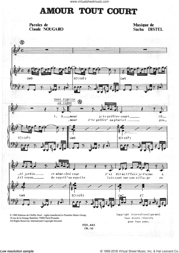 Amour Tout Court sheet music for voice and piano by Claude Nougaro and Sacha Distel, intermediate skill level