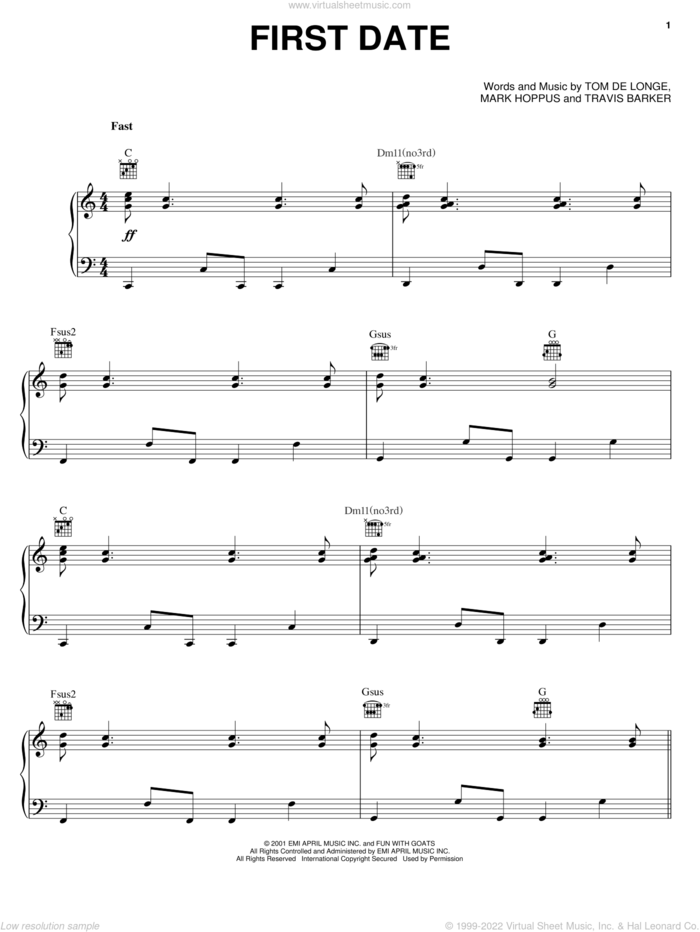 First Date sheet music for voice, piano or guitar by Blink-182, Mark Hoppus, Tom DeLonge and Travis Barker, intermediate skill level