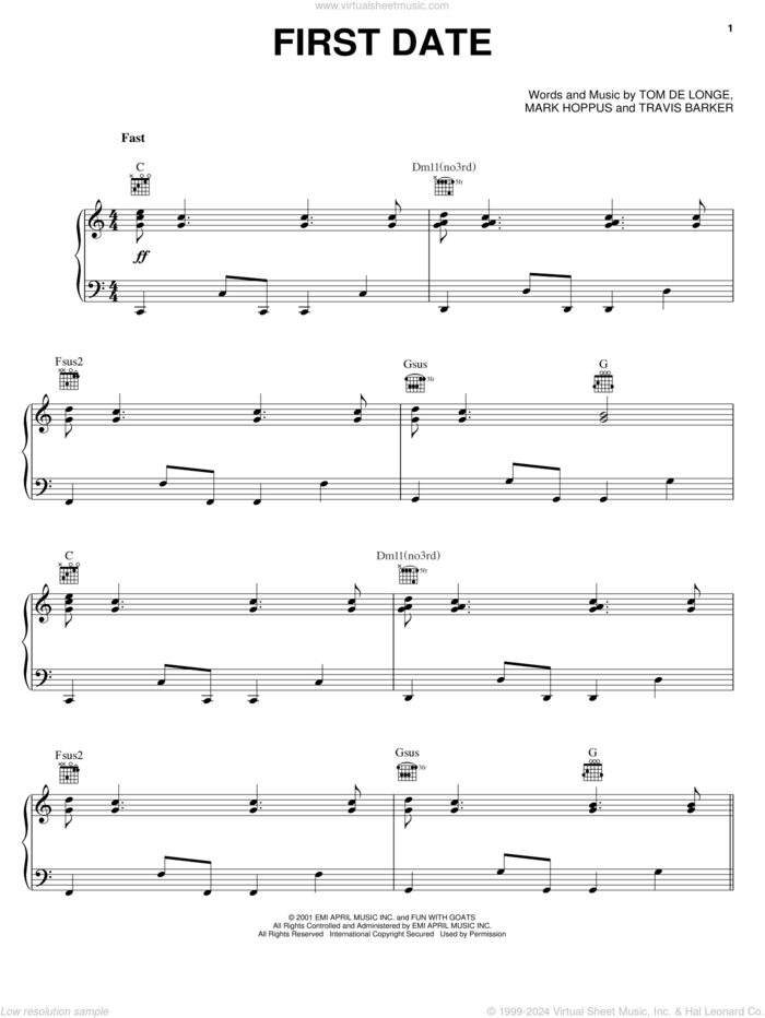 First Date sheet music for voice, piano or guitar by Blink-182, Mark Hoppus, Tom DeLonge and Travis Barker, intermediate skill level