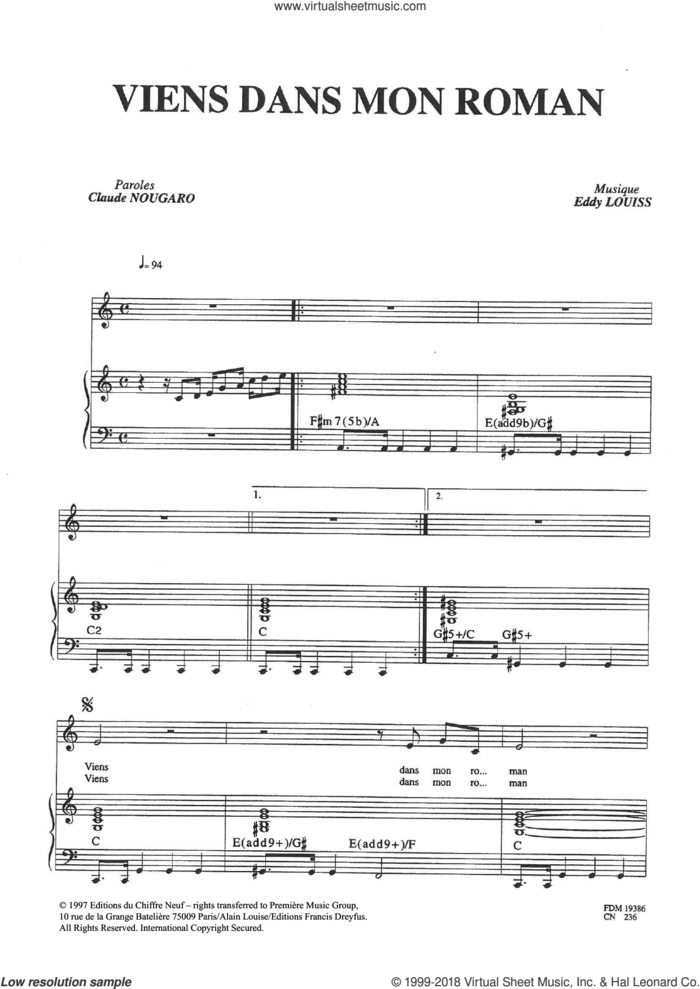 Viens Dans Mon Roman sheet music for voice and piano by Claude Nougaro and Eddy Louiss, intermediate skill level