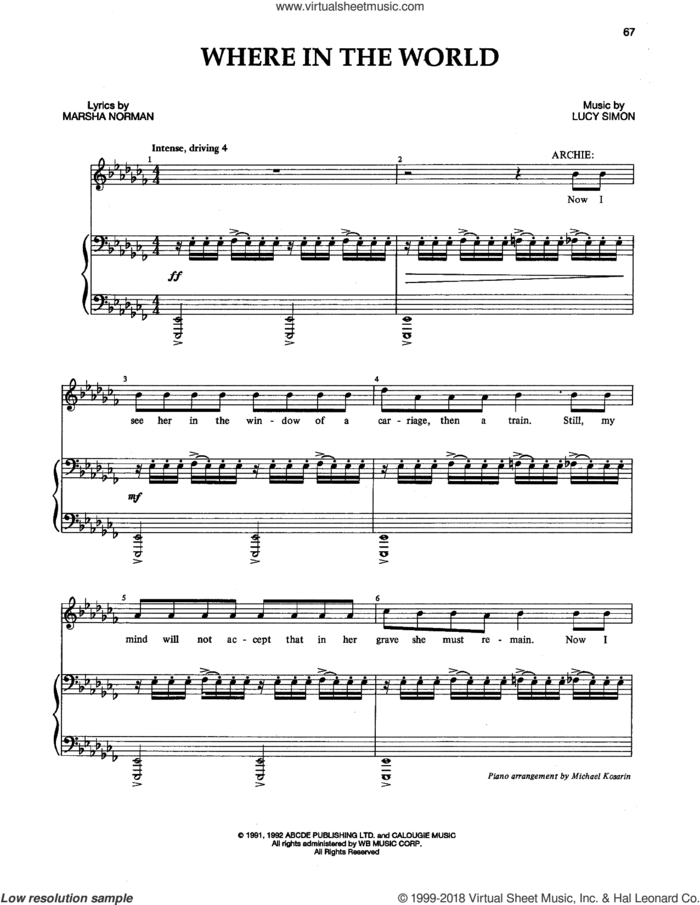 Where In The World sheet music for voice and piano by Lucy Simon, Marsha Norman and Marsha Norman & Lucy Simon, intermediate skill level
