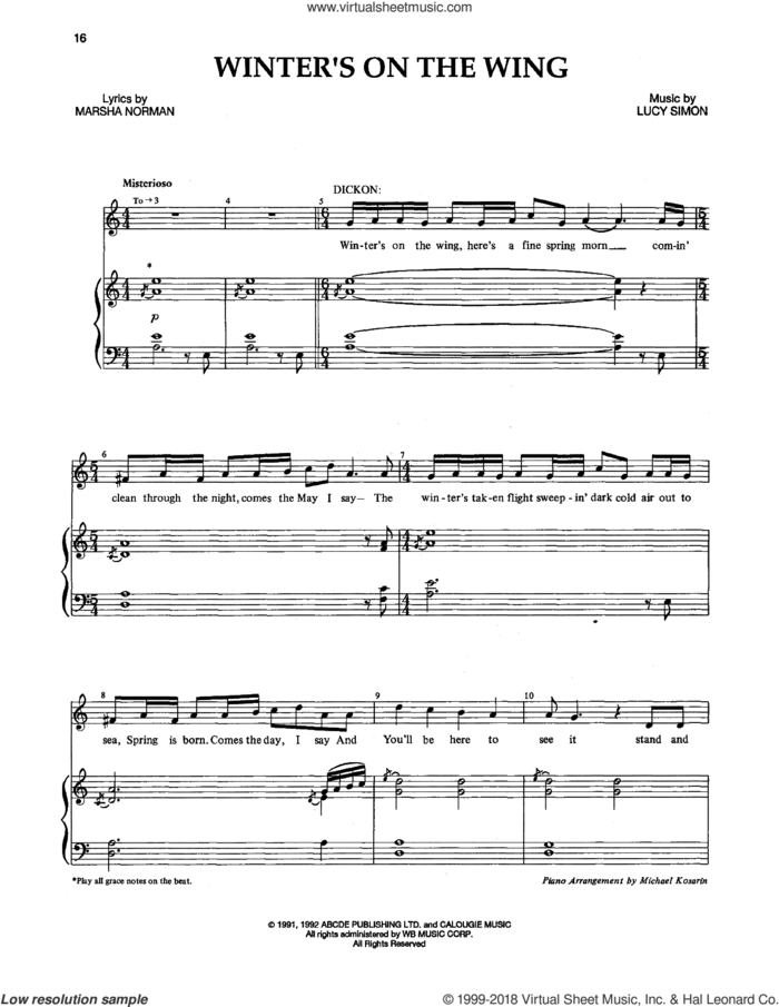 Winter's On The Wing sheet music for voice and piano by Lucy Simon, Marsha Norman and Marsha Norman & Lucy Simon, intermediate skill level
